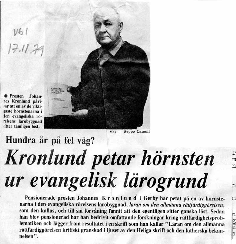 Vasabladets presentation av Johannes Kronlunds stridsskrift mot läran om den allmänna rättfärdiggörelsen 17.11.1979.