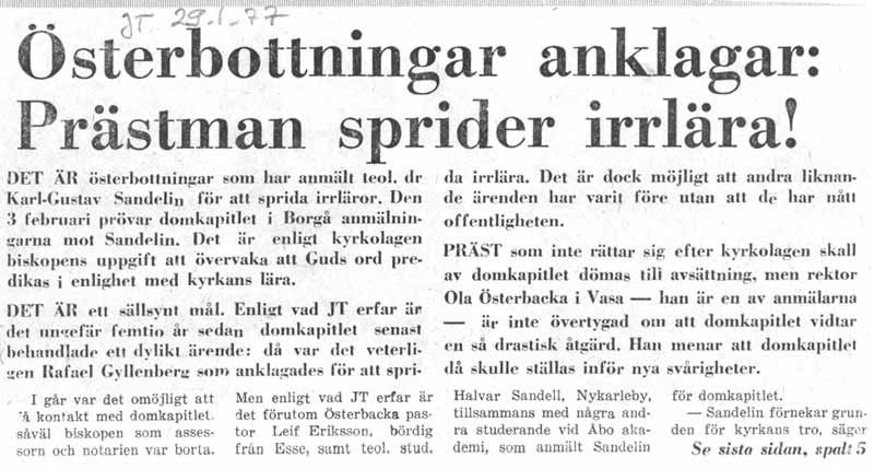 Jakobstads Tidning skrev om vår anmälan till domkapitlet 29.1.1977.